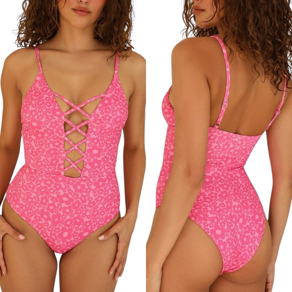 Dippin Daisys Pink Floral One Piece Bathing Suit Low Cut Adjustable XS NEW
